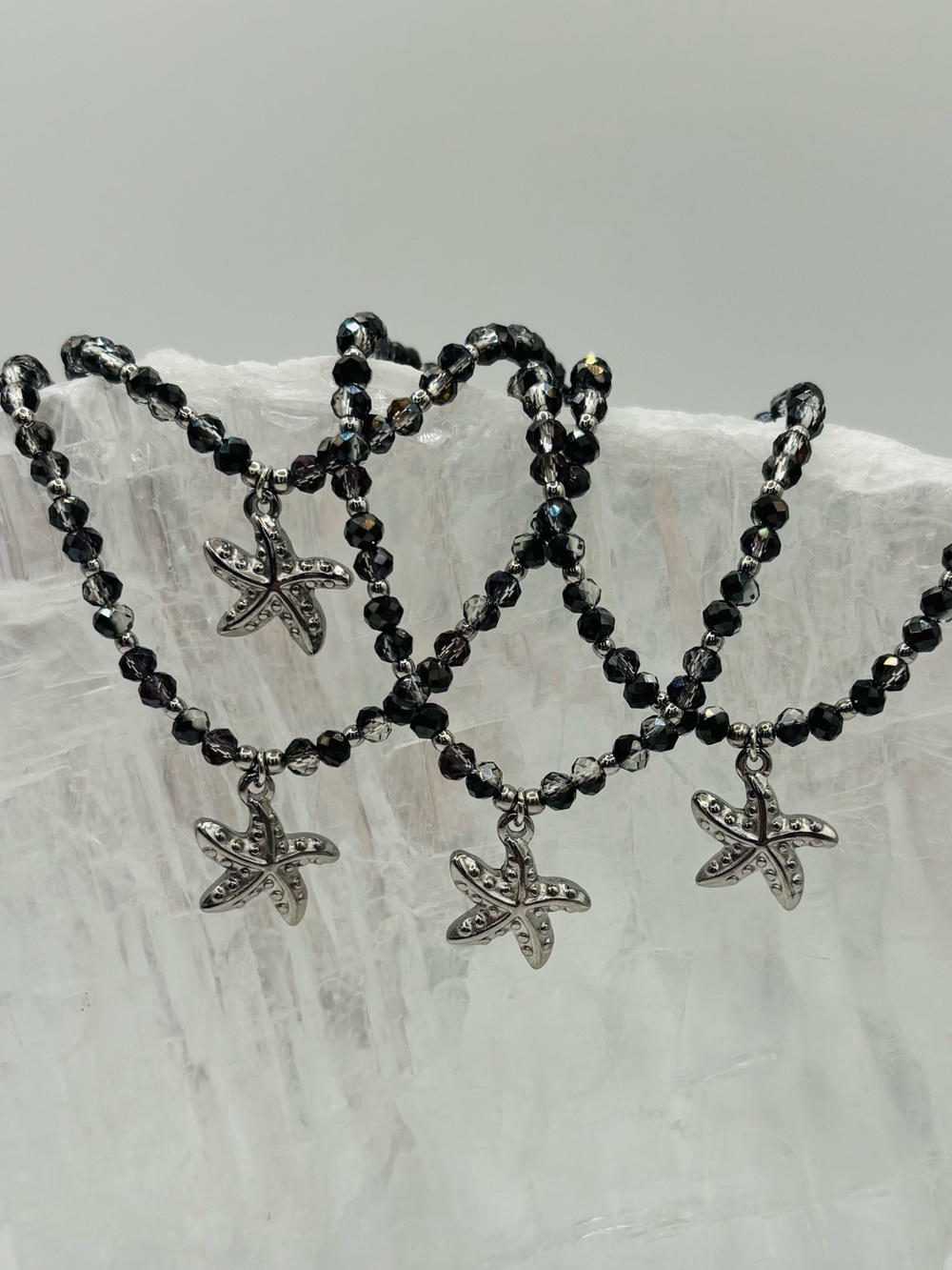 *ANKLET* S.Steel Silver Starfish with Red Rose Gun Black Crystal Stretchy Anklet